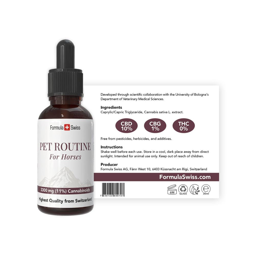 Formula Swiss Pet Routine pour chevaux – huile de CBD 10 % CBD : flacon avec étiquette