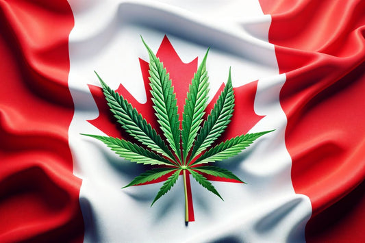 Feuille de cannabis devant le drapeau canadien