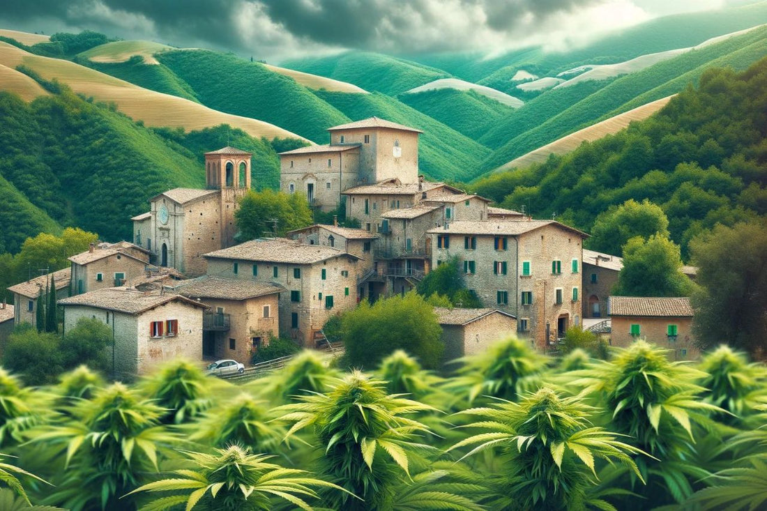 Village italien avec des plants de cannabis