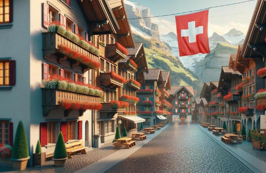 Drapeau suisse brandi dans une petite ville de Suisse