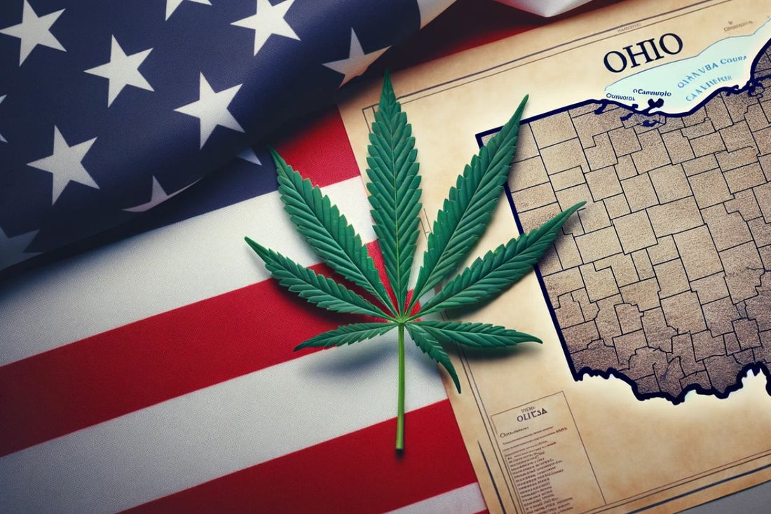 Feuille de cannabis, drapeau des États-Unis, carte de l'Ohio
