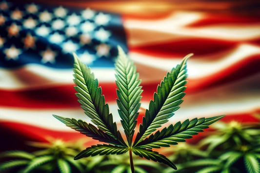 Feuille de cannabis devant le drapeau des États-Unis
