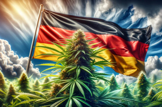Plante de cannabis devant un drapeau allemand agité