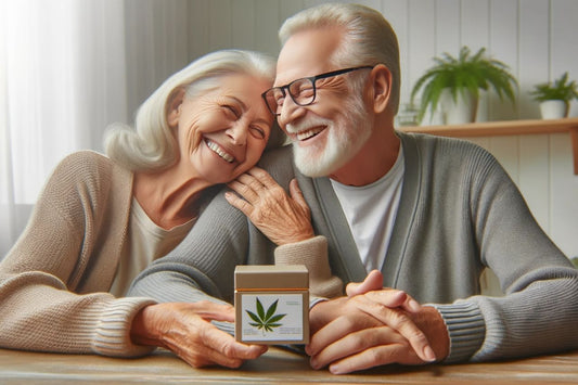 Couple de personnes âgées tenant une boîte de cannabis