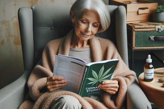 Femme âgée tenant un livre sur le cannabis
