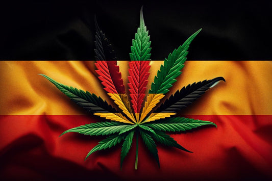 Feuille de cannabis devant le drapeau allemand