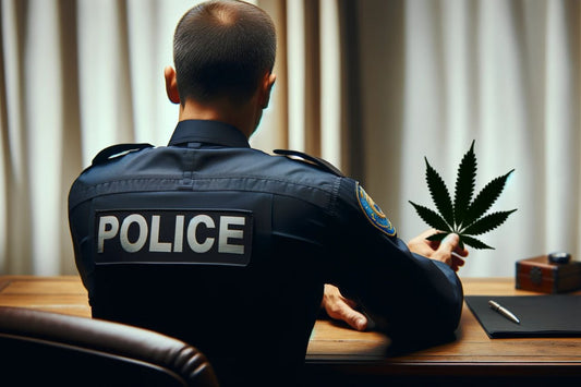Policier tenant une feuille de cannabis