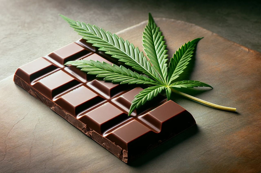 Barre de chocolat et feuille de cannabis