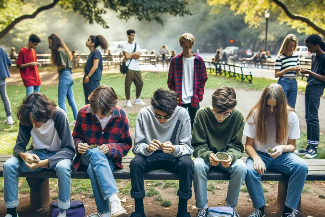 Groupe d'adolescents assis sur un banc