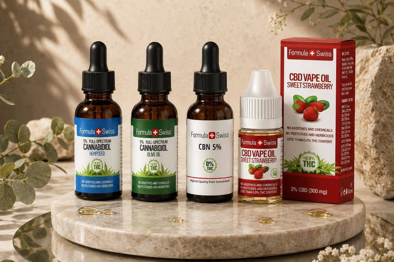 Huiles de CBD Formula Swiss à 5 % dans l’huile de graines de chanvre et l’huile d’olive, huile de CBN à 5 % et huile à vapoter au CBD saveur fraise sur un présentoir en marbre