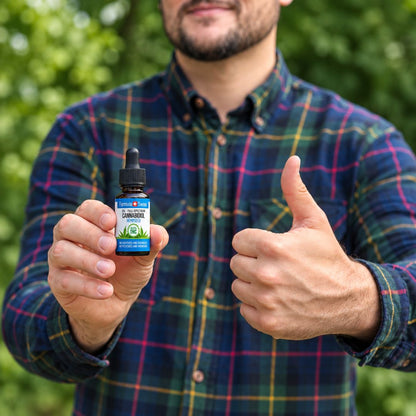 Personne tenant un flacon d’huile de CBD Formula Swiss à l’huile de graines de chanvre, pouce levé