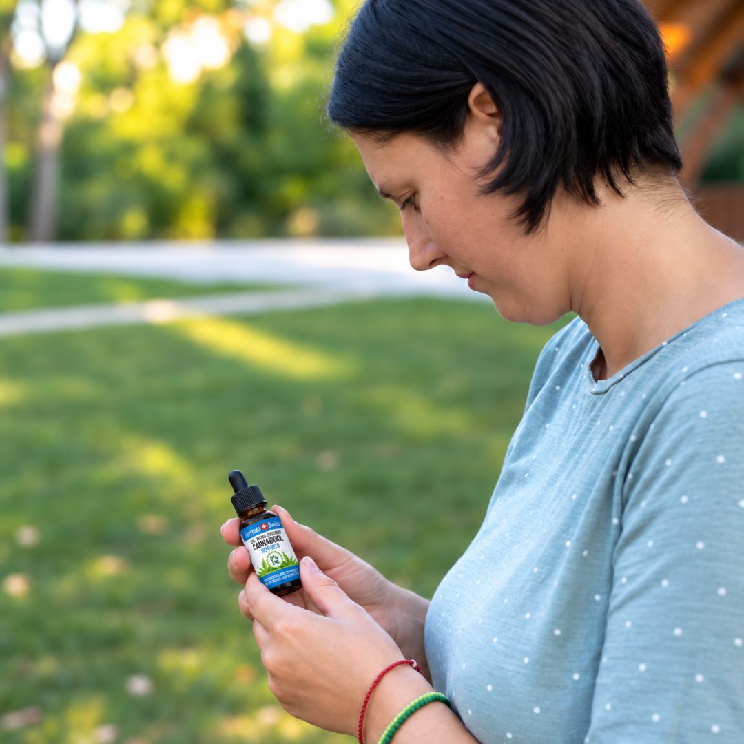 Femme dans un parc lisant l’étiquette d’un flacon d’huile de CBD, t-shirt bleu clair à pois, bracelets rouges et verts