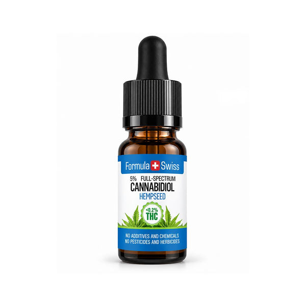 A small amber glass dropper bottle of Formula Swiss Cannabidiol Hempseed oil with a black cap and a white label featuring blue bands and green hemp leaves, centered on a white background.