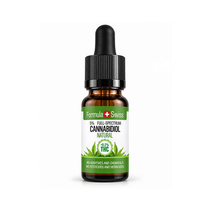 Flacon compte-gouttes ambré de 10 ml d’huile de CBD Formula Swiss Nature, 5 % spectre complet, étiquette blanche et verte