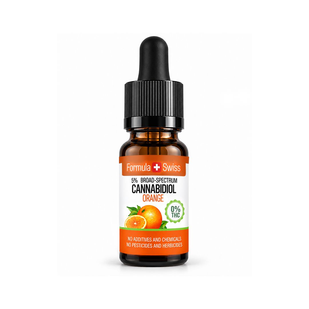 Flacon compte-gouttes ambré d’huile de CBD Formula Swiss Orange, bouchon noir, étiquette orange et blanche