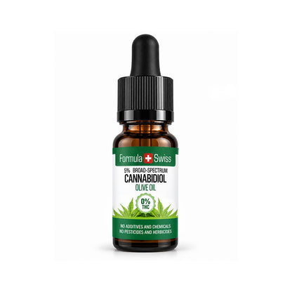 Flacon compte-gouttes ambré d’huile de CBD Formula Swiss à l’huile d’olive, 0 % THC, bouchon noir, sur fond gris clair