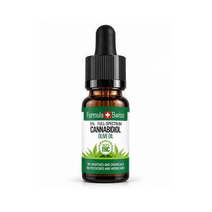 Flacon compte-gouttes ambré d’huile de CBD Formula Swiss à l’huile d’olive, <0,2 % THC, bouchon noir, sur fond gris clair