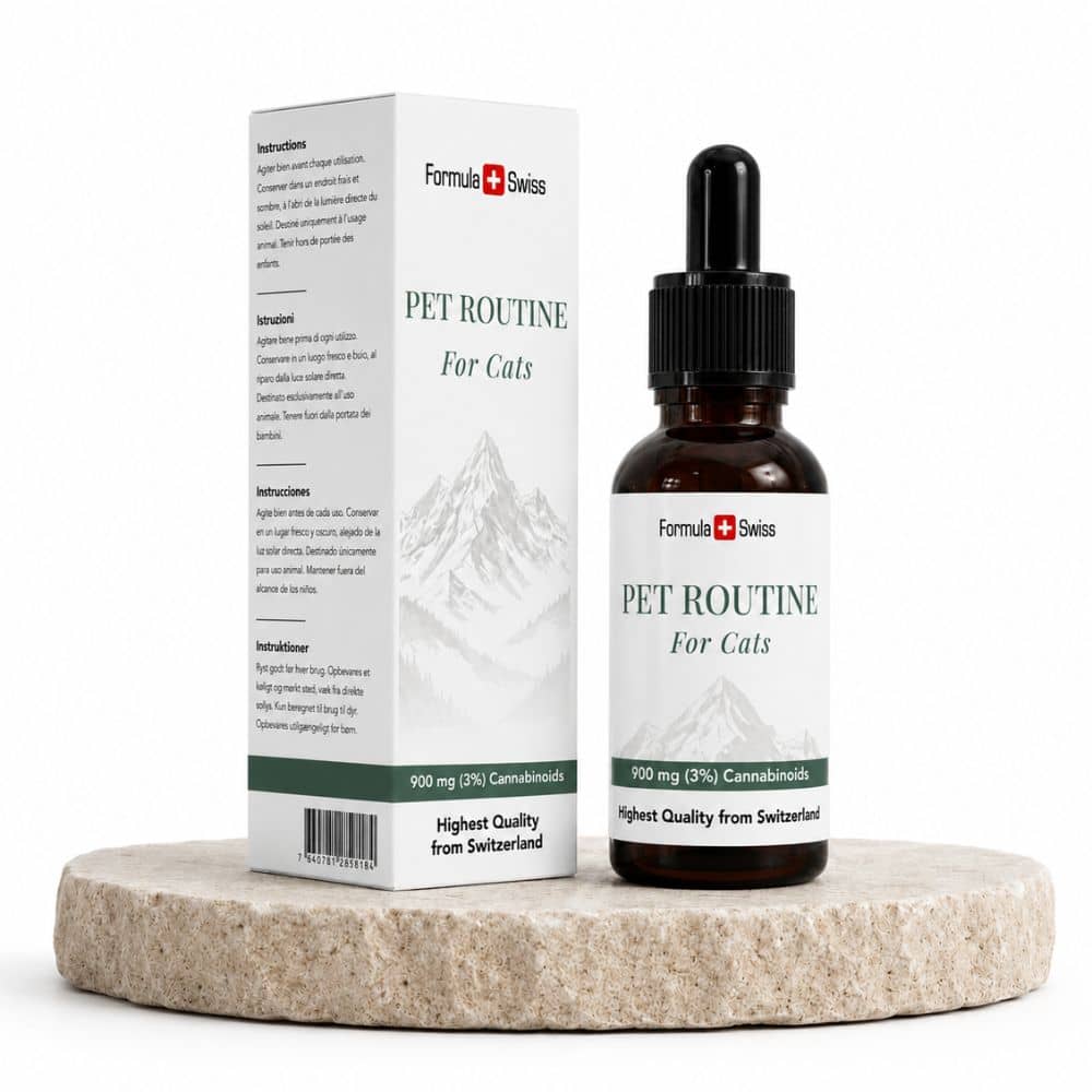 Flacon et emballage Pet Routine pour chats de Formula Swiss sur fond blanc