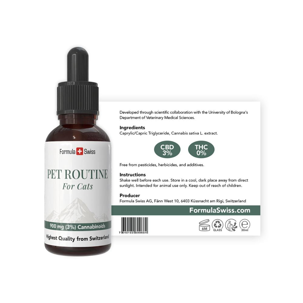 Flacon d’huile de CBD pour chats de Formula Swiss avec compte-gouttes, sur fond blanc