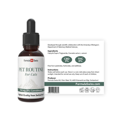 Flacon d’huile de CBD pour chats de Formula Swiss avec compte-gouttes, sur fond blanc