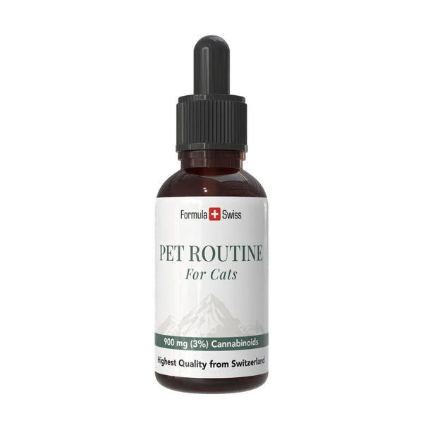 Bouteille de 'Pet Routine for Cats' avec Formula Swiss branding sur fond blanc