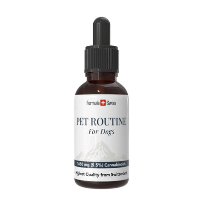 Flacon Pet Routine pour chiens avec étiquette blanche, sur fond blanc