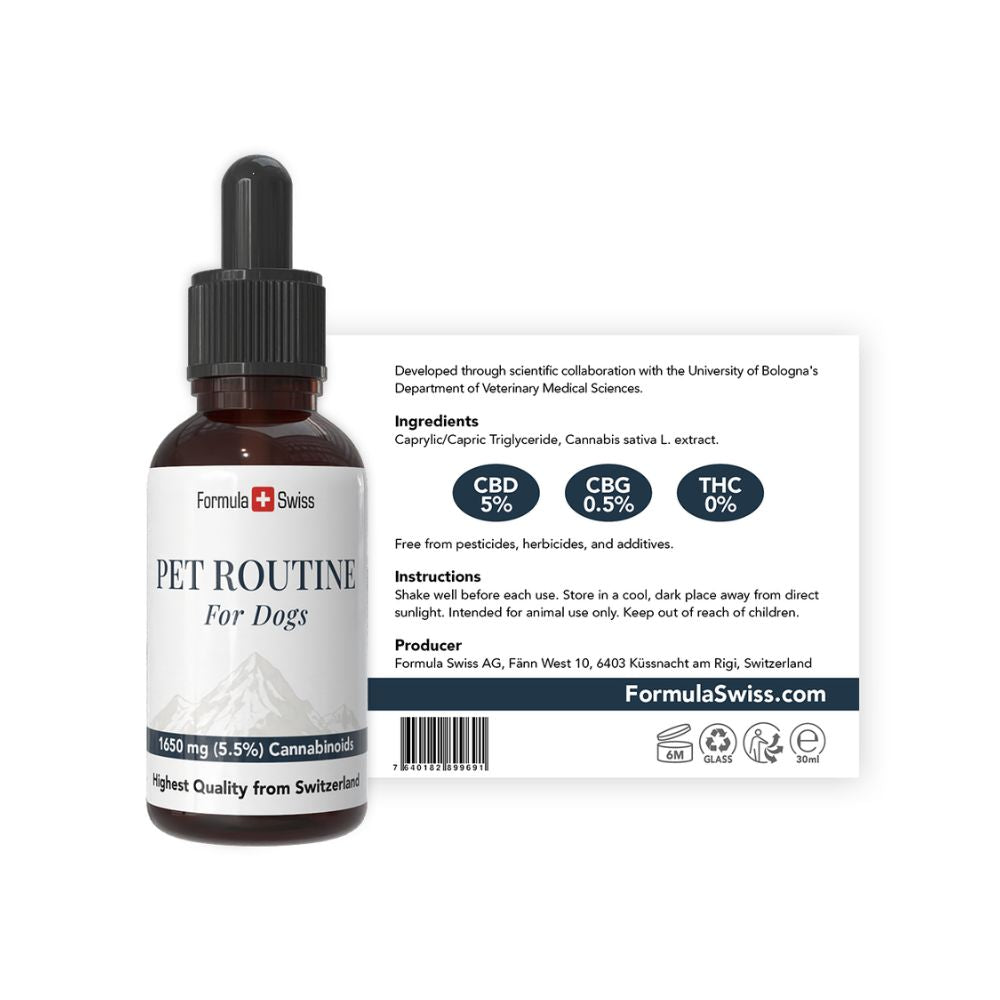 Flacon Pet Routine pour chiens avec étiquette, sur fond blanc