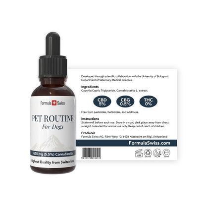Flacon Pet Routine pour chiens avec étiquette, sur fond blanc