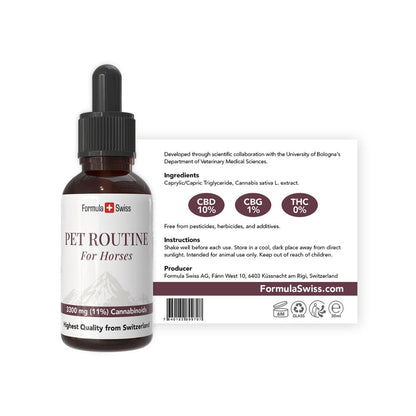 Formula Swiss Pet Routine pour chevaux – huile de CBD 10 % CBD : flacon avec étiquette