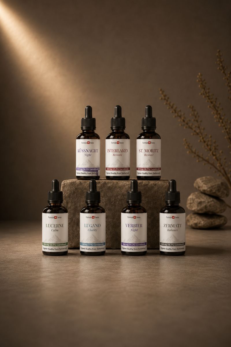 Formule Swiss CBD collection d'huile avec sept bouteilles de compte-gouttes ambres disposées sur pierre dans un cadre de studio haut de gamme.