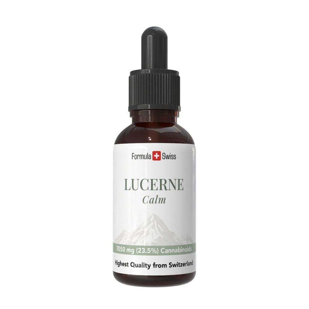 Flacon de Lucerne Calm aux couleurs de Formula Swiss sur fond blanc