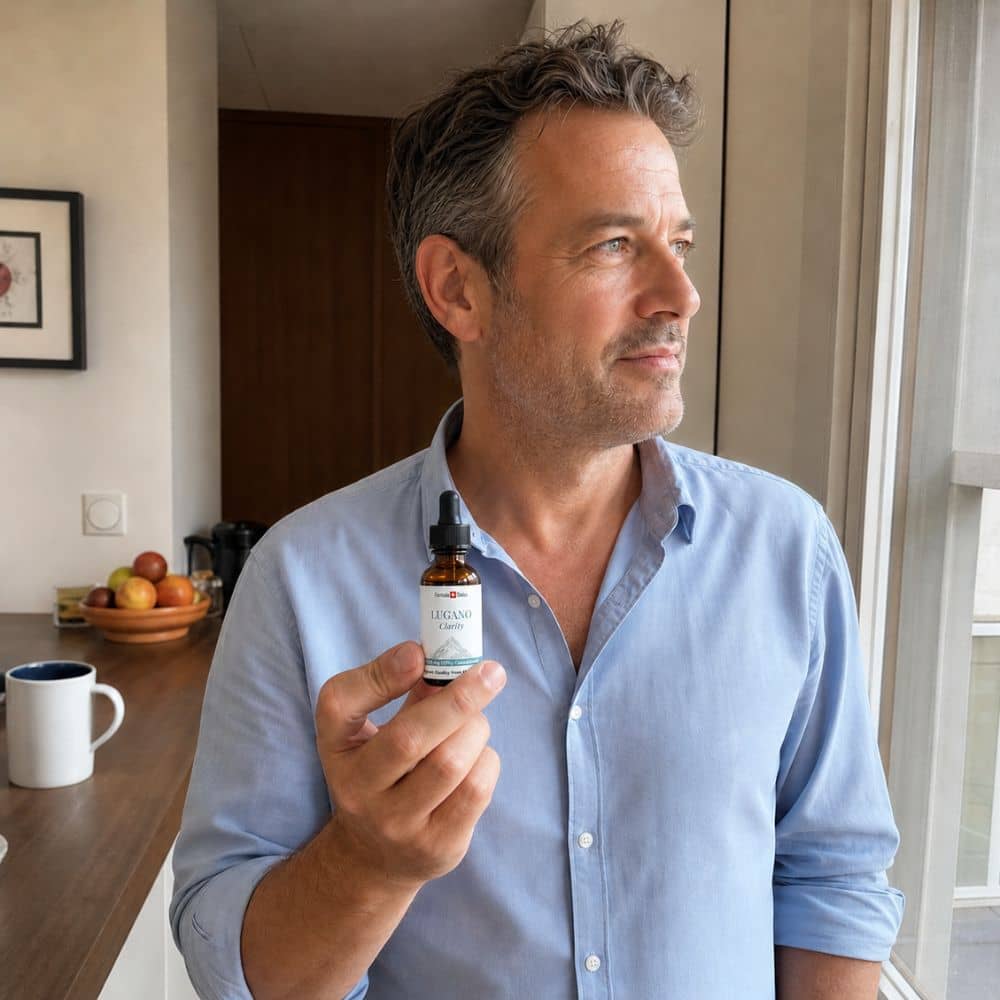 Homme tenant un flacon d'huile de CBD Lugano dans une cuisine