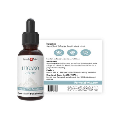 Flacon compte-gouttes de CBD « Lugano Clarity » de Formula Swiss sur fond blanc.