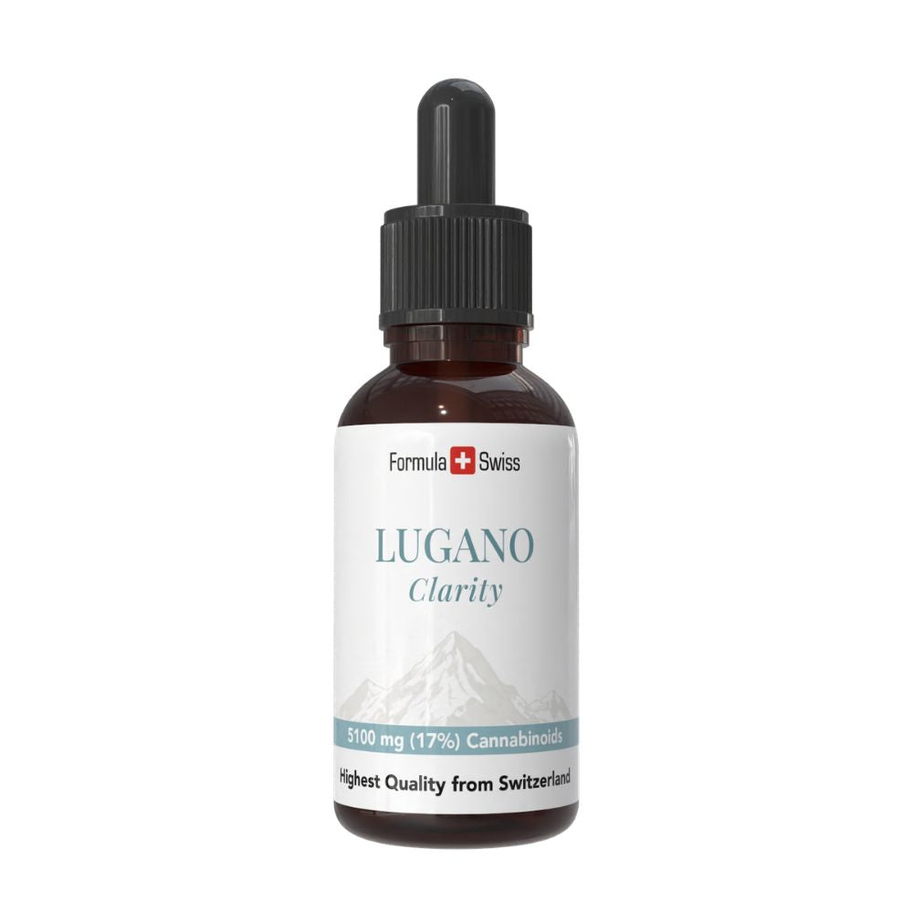 Flacon de Lugano Clarity aux couleurs de Formula Swiss sur fond blanc