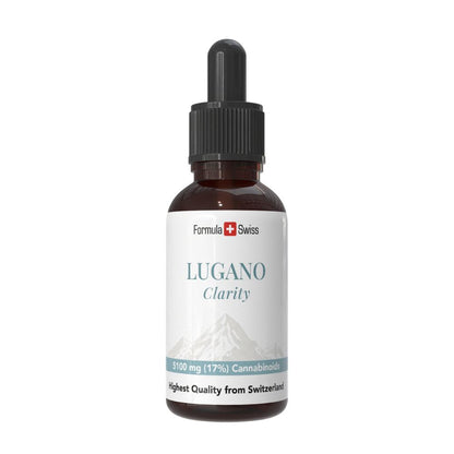 Flacon de Lugano Clarity aux couleurs de Formula Swiss sur fond blanc