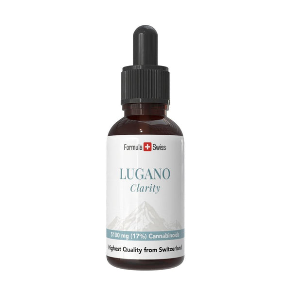 Flacon de Lugano Clarity aux couleurs de Formula Swiss sur fond blanc