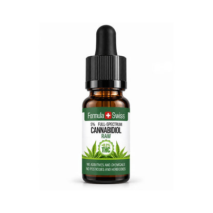Flacon compte-gouttes ambré de 10 ml d’huile de CBD RAW Formula Swiss, 5 % spectre complet, étiquette blanche et verte