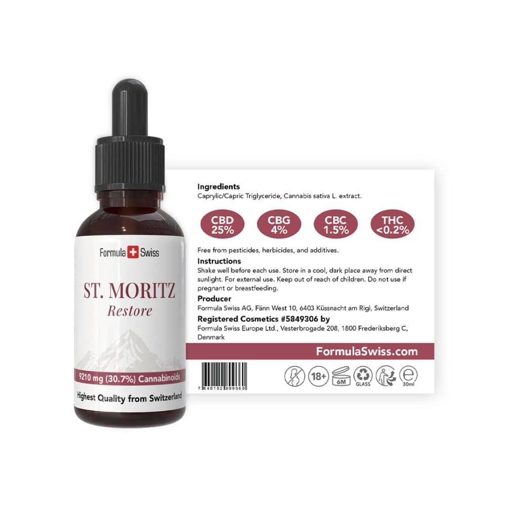 Flacon d'huile de CBD avec étiquette sur fond blanc