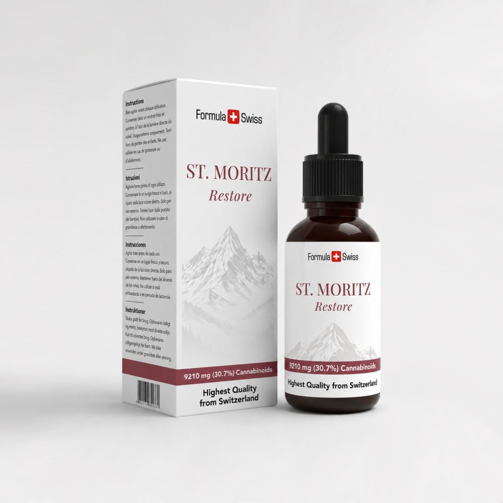Flacon et emballage St. Moritz Restore sur fond blanc