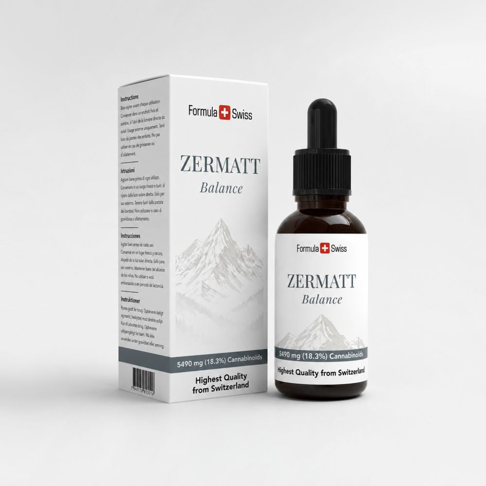 Emballage de Zermatt Balance avec flacon et boîte sur fond gris clair