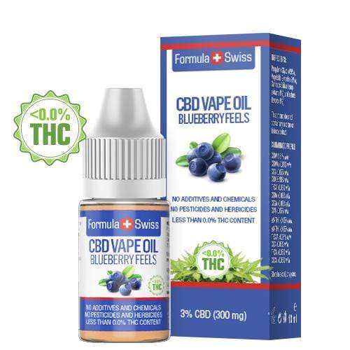 Huile à vapoter au CBD Formula Swiss – Blueberry Feels, 3 % de CBD (300 mg), flacon de 10 ml et boîte