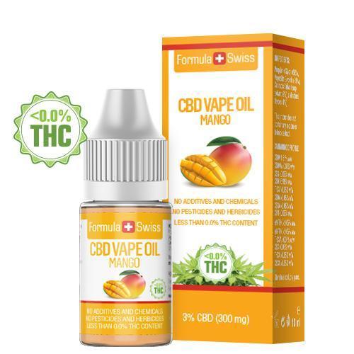 Huile à vapoter au CBD Formula Swiss – Mangue, 3 % de CBD (300 mg), flacon de 10 ml et boîte